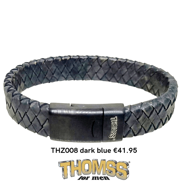 Thomss armband  met mat zwarte edelstalen sluiting, blauwe leren vlecht