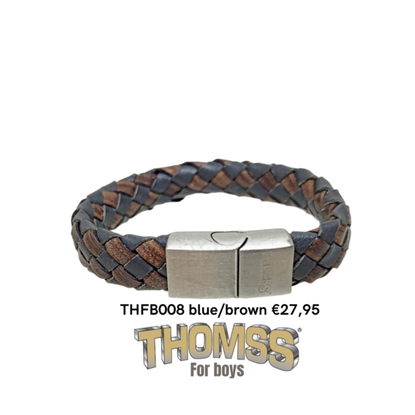 Thomss kinder armband, bruin/blauw leer met edelstalen sluiting