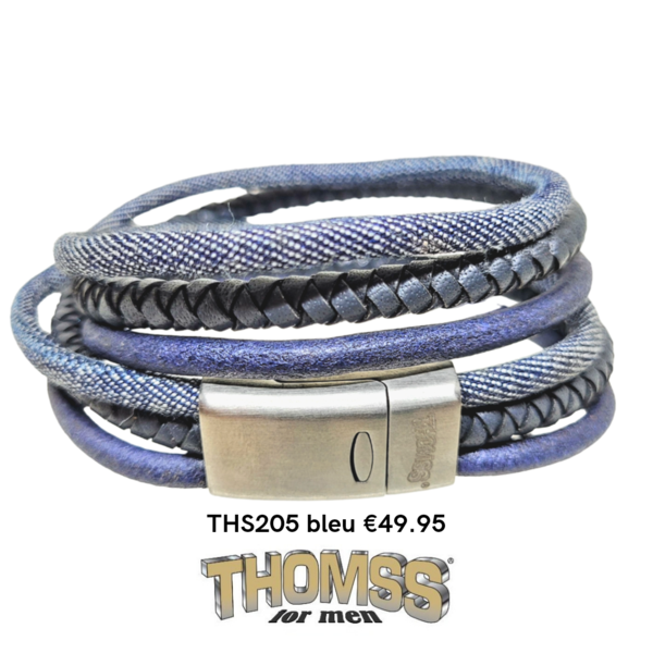 Thomss wikkelarmband met mat zilveren edelstalen sluiting meerdere bandjes blauw leer