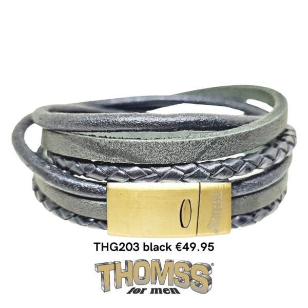 Thomss wikkelarmband met mat gouden sluiting zwarte banden leer